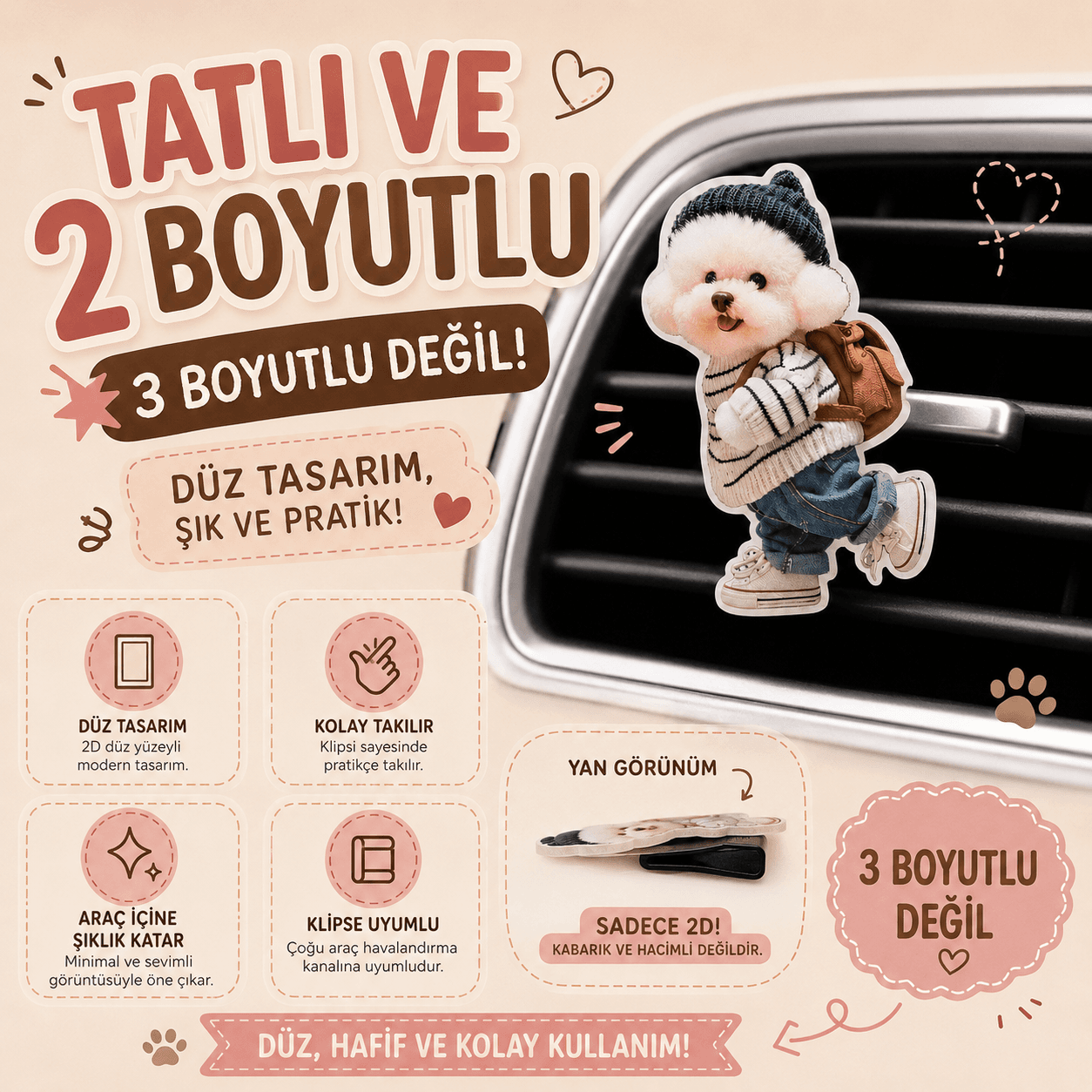 Minik Sevimli Köpek Araç Süsü (Kokulu) 2d Boyut