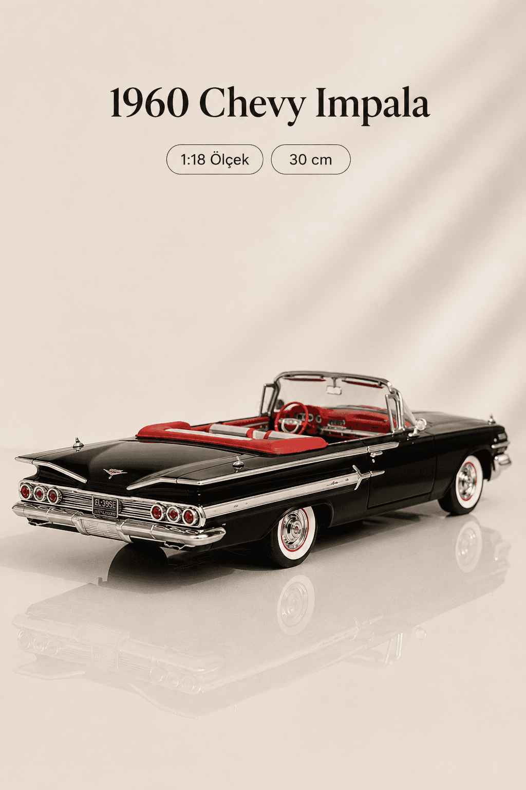 1960 Chevrolet Impala Siyah Cabrio 1:18 Ölçek 30 cm Model Araba — görsel 7