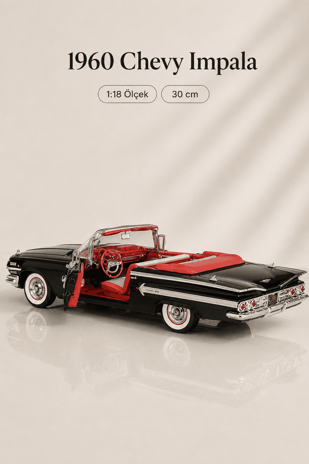1960 Chevrolet Impala Siyah Cabrio 1:18 Ölçek 30 cm Model Araba — görsel 6