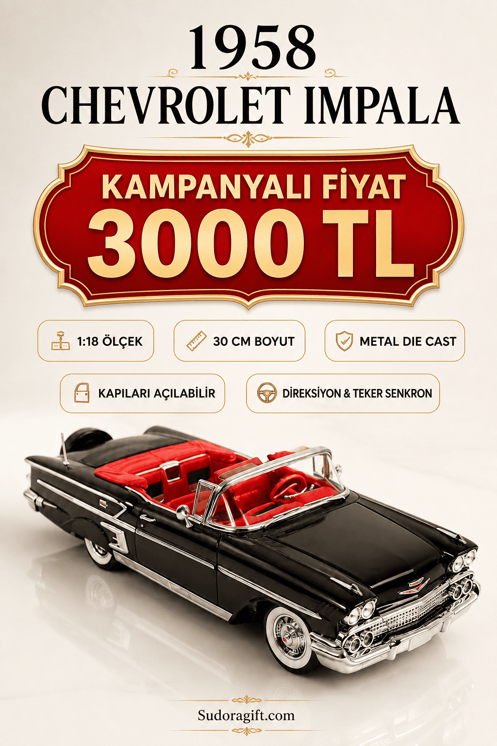 1958 Chevrolet Impala Siyah Cabrio 1:18 Ölçek 30 cm Model Araba