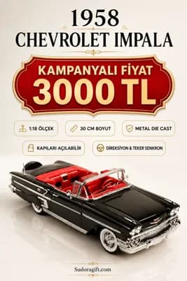 1958 Chevrolet Impala Siyah Cabrio 1:18 Ölçek 30 cm Model Araba