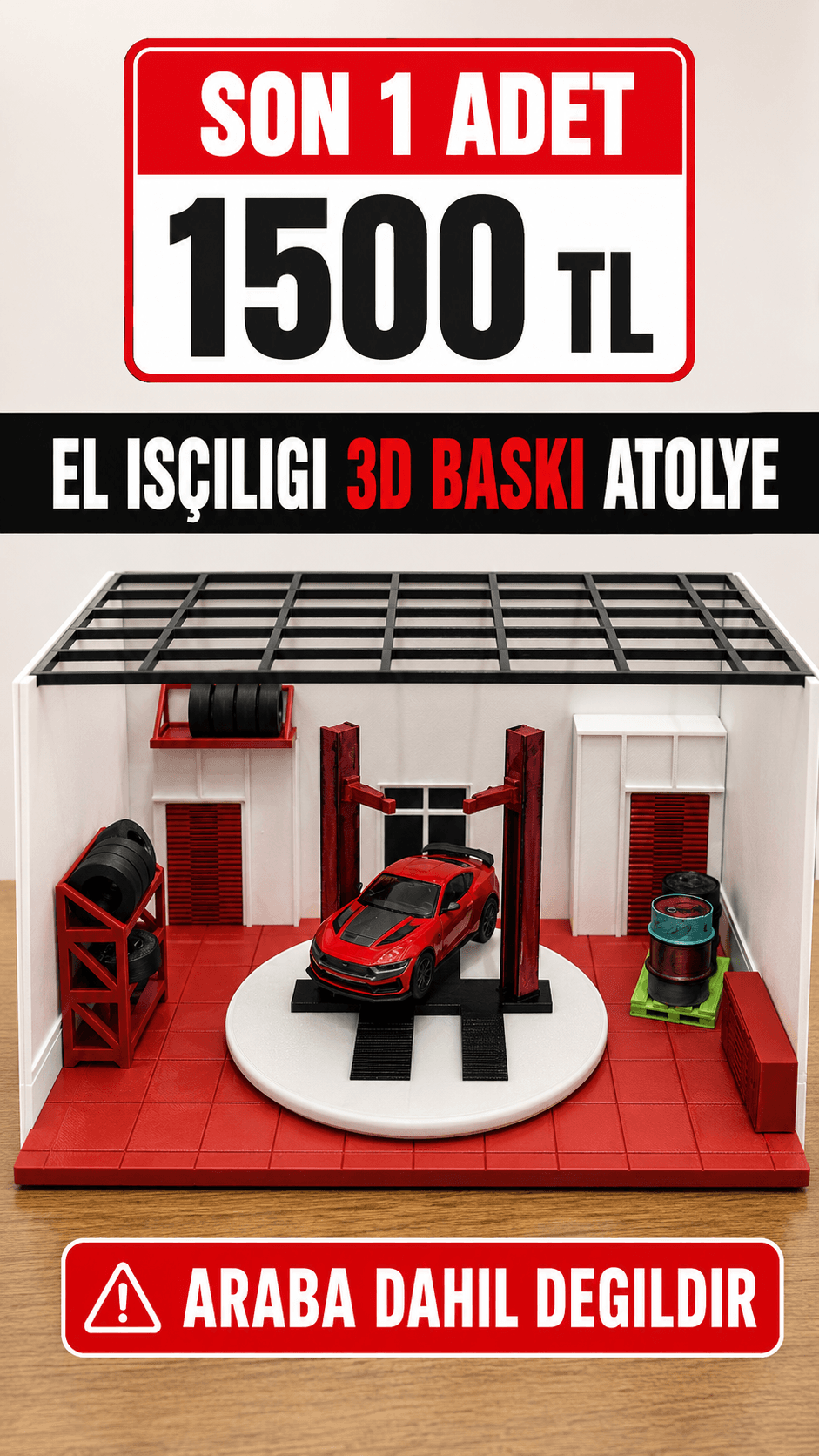 El İşçiliği 3D Baskı Mini Araba Atölyesi Diorama Standı 24x18x16 cm — görsel 3