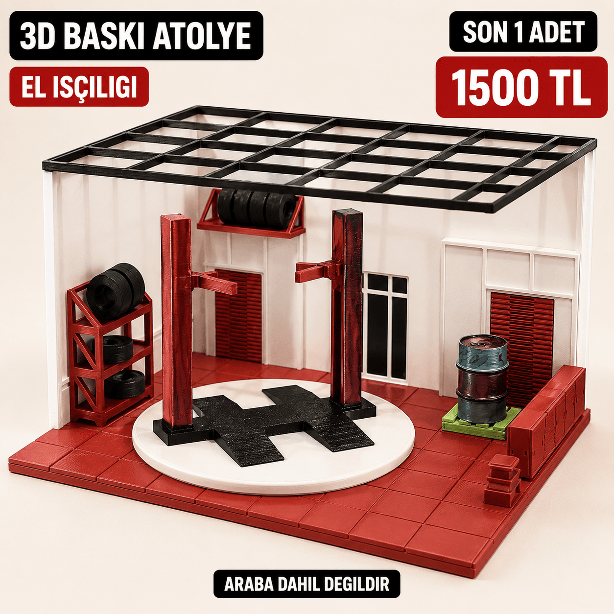 El İşçiliği 3D Baskı Mini Araba Atölyesi Diorama Standı 24x18x16 cm — görsel 2